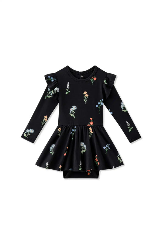 Long Sleeve Twirl Bodysuit Dress in Midnight Wildflower