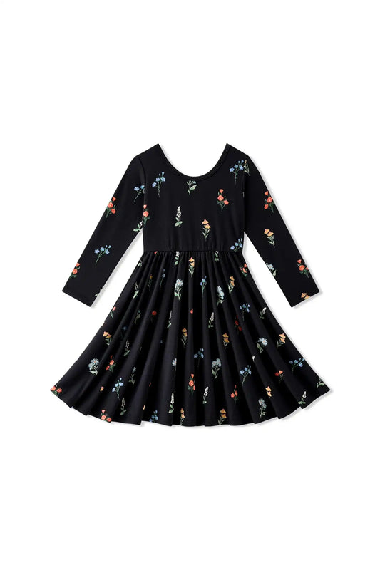 Long Sleeve Twirl Dress in Midnight Wildflower