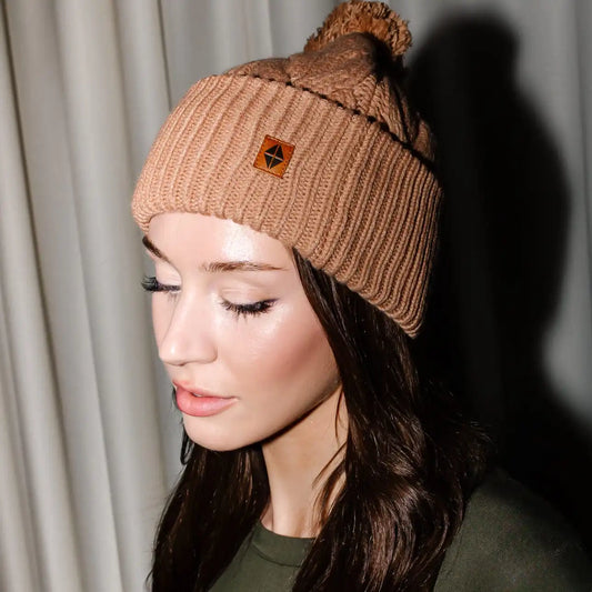 Cable Knit Adult Pom Beanie in Latte