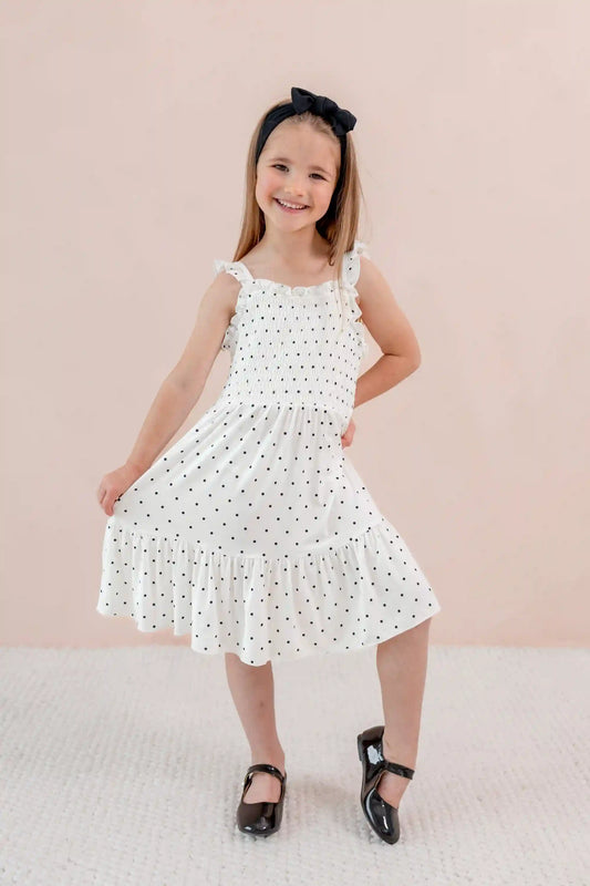Smocked Dress in Midnight Polka Dot