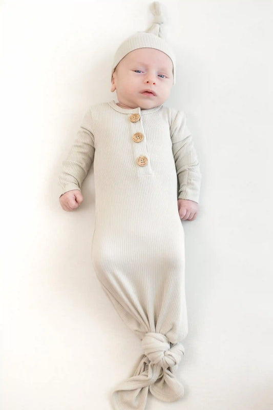 Ribbed Knotted Day Gown with Hat Set in Oat