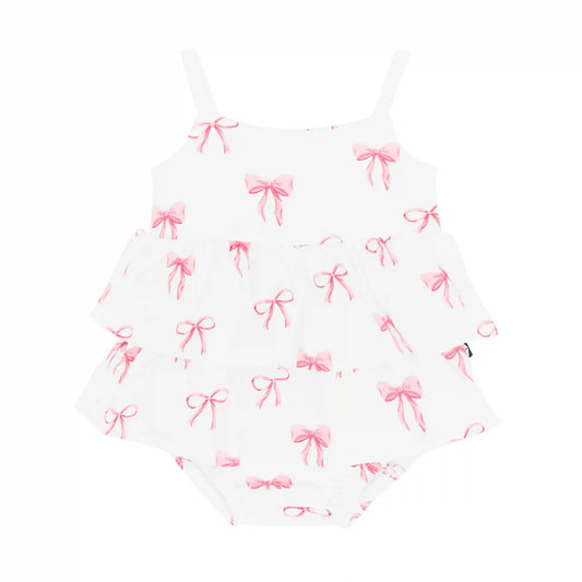 Spaghetti Strap Ruffle Romper in Bow