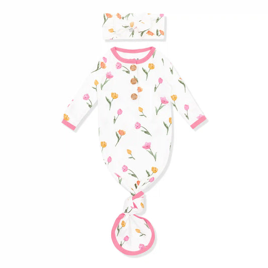 Knotted Day Gown with Bow Set Set in Tulip
