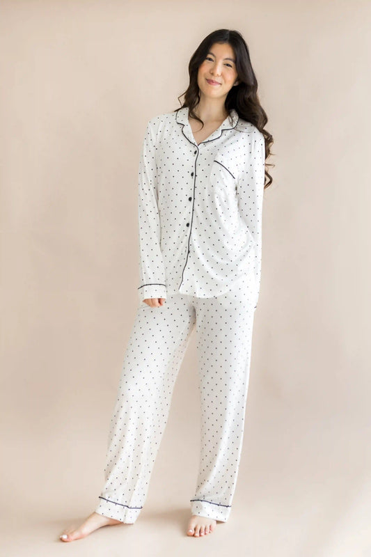 Long-Sleeved Women's Pajama Set in Midnight Polka Dot