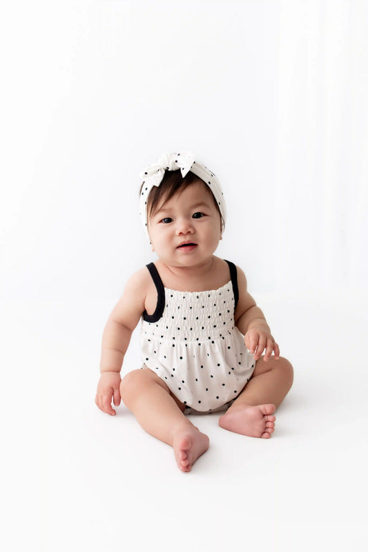 Smocked Bubble Romper in Midnight Polka Dot