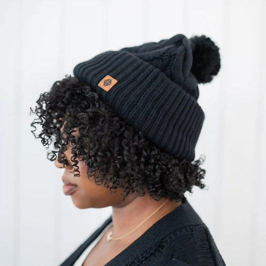 Cable Knit Adult Pom Beanie in Midnight
