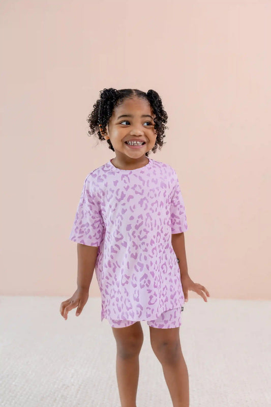 Toddler Biker Short Set in Thistle Leopard