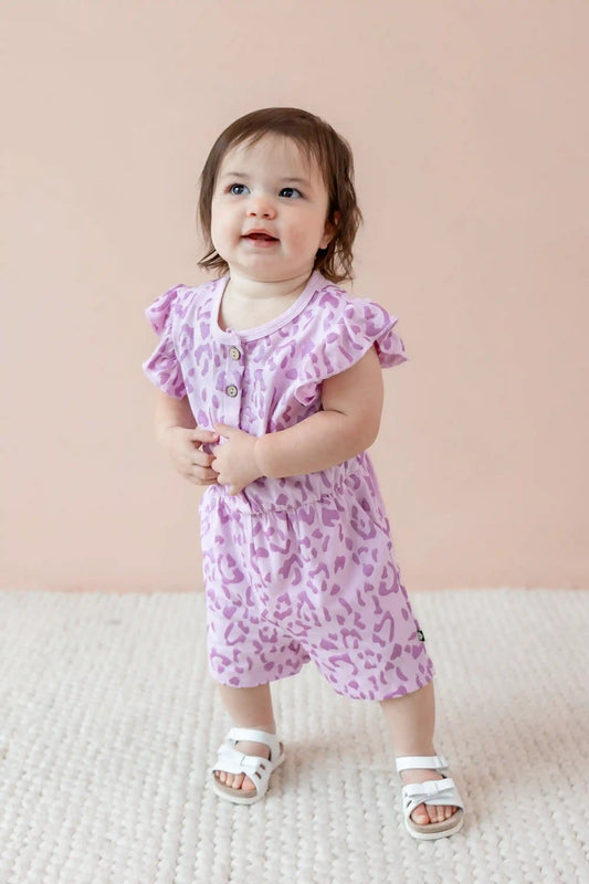 Flutter Sleeve Romper in Thistle Leopard