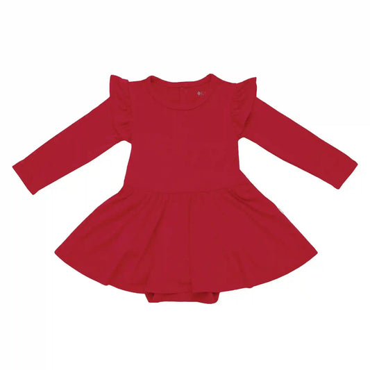 Long Sleeve Twirl Bodysuit Dress in Cardinal